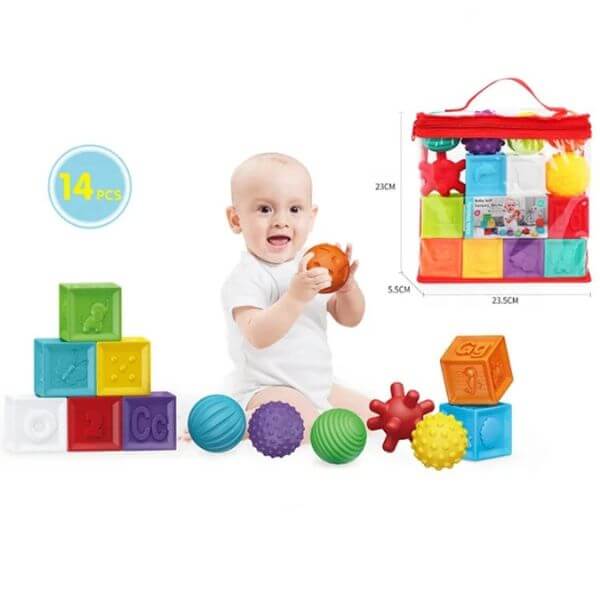 14-Piece Sensory Soft & Textured Rubber Balls and Blocks Set