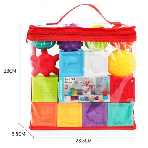 14-Piece Sensory Soft & Textured Rubber Balls and Blocks Set