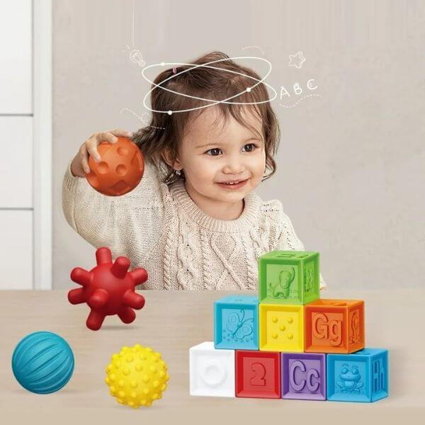 14-Piece Sensory Soft & Textured Rubber Balls and Blocks Set